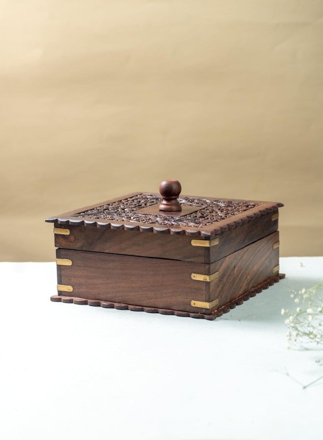 JUNSU CRAFT RA Junsu Craft Sheesham & Teak Wood Dry Fruit/Spice Box | 4 Partitions | Handmade Showpiece Box | Hand Carving Decorative Gift Boxes | Carved Lid | Square Shape | Size 19.5 x 8 cm - Image 5